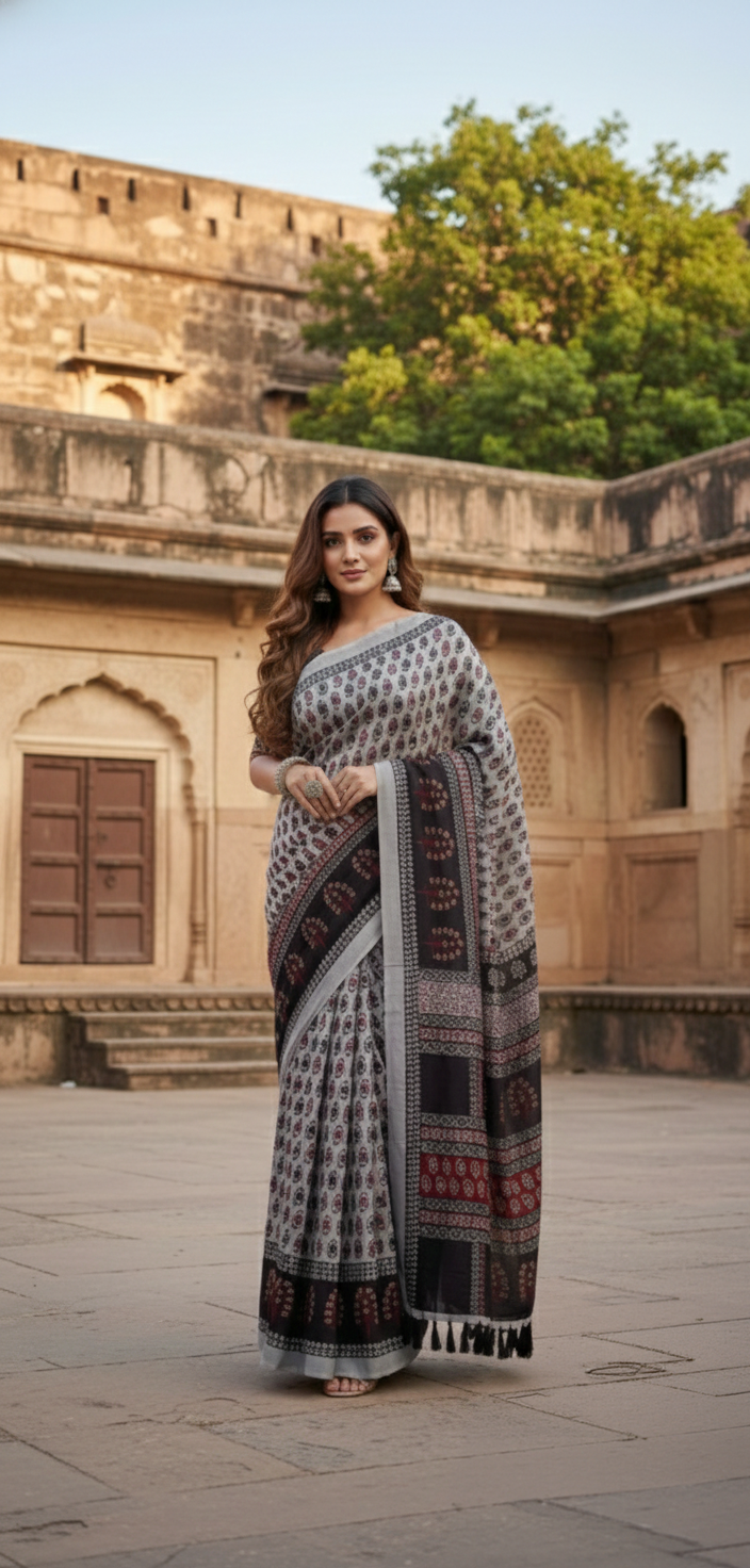 Bagh Print Muslin Silk Saree in Steel Grey with Brick Red  & Black accents  prints