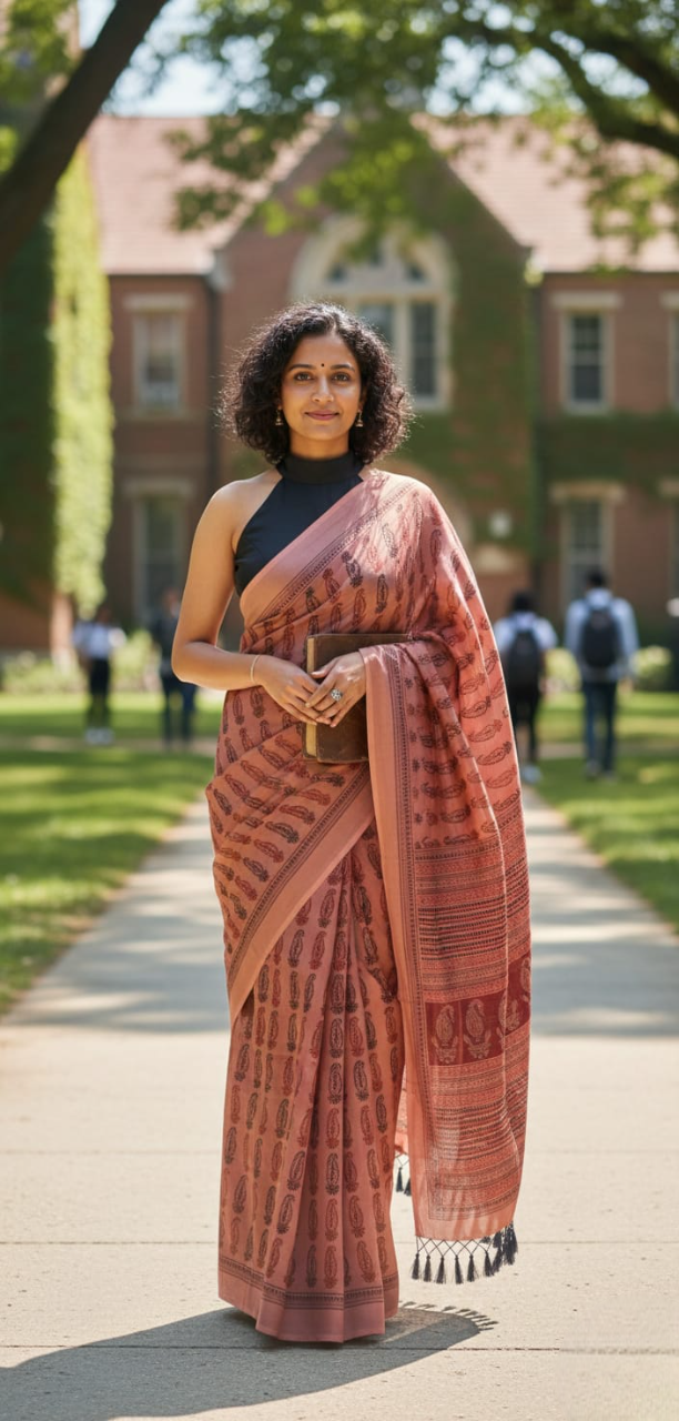 Bagh Print Muslin Silk Saree in Peach Pink with Brick Red & Black accents  prints