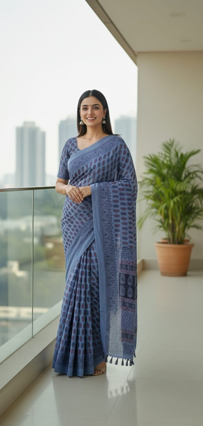 Bagh Print Muslin Silk Saree in Cobalt Blue with Black & Maroon Motifs