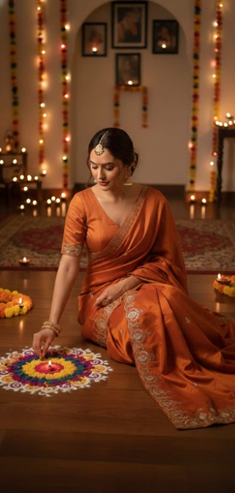 Bright Orange Semi Silk-Blend Saree