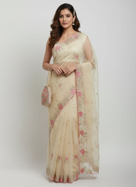 Fancy Organza Saree in Soft Beige with Floral Vine Embroidery