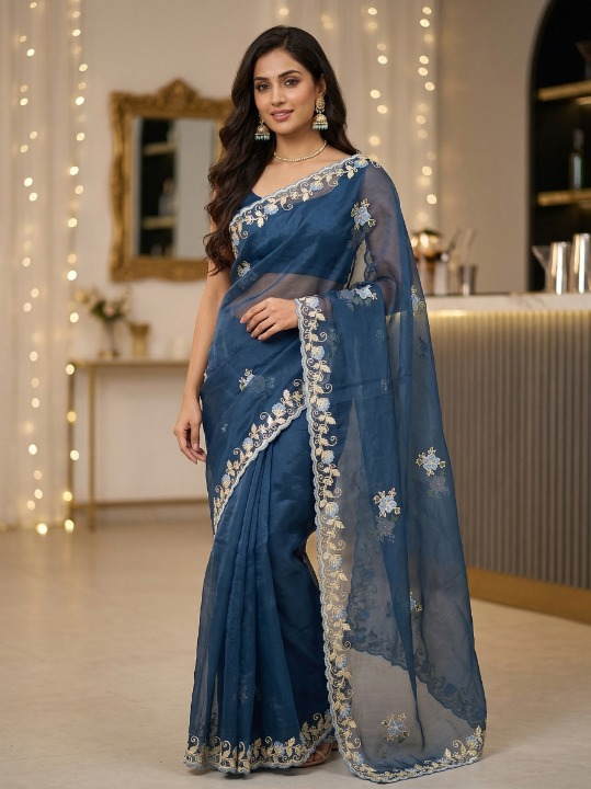 Fancy Organza Saree in Midnight Blue with Golden Embroidered Border