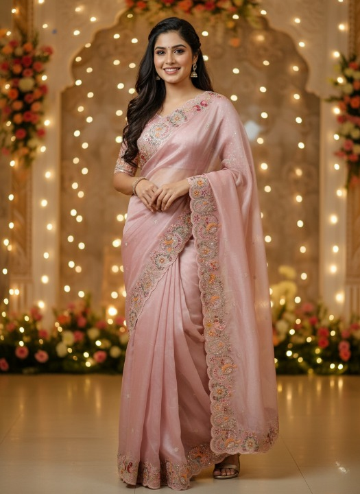 Fancy Organza Saree in Pastel Baby Pink with Embroidered Border