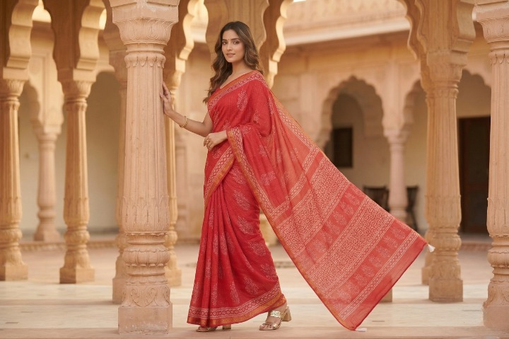 Batik Print Maheshwari Cotton Saree in Cherry Red with White Motifs