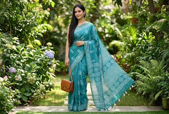 Batik Print Maheshwari Cotton Saree in Rama Green with White Motifs