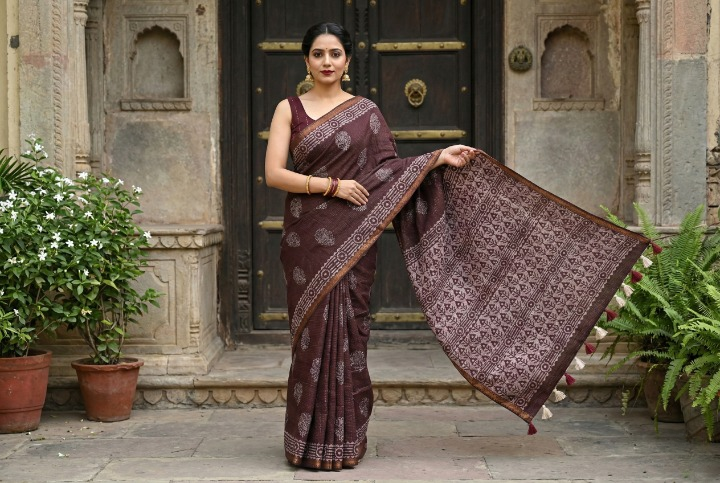Maheshwari cotton with Tissue cotton border Deep Wine with White prints