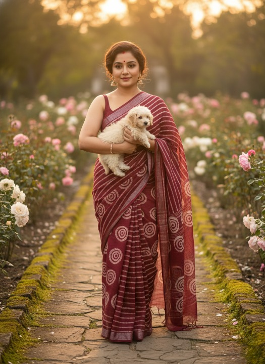 Batik Print Cotton Linen Saree in Red with White Motifs
