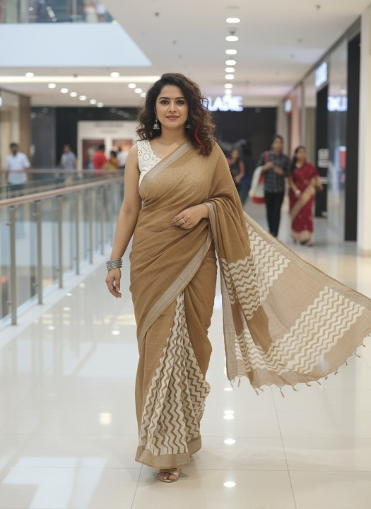 Batik Print Cotton Linen Saree in Light Tan Brown with White Motifs