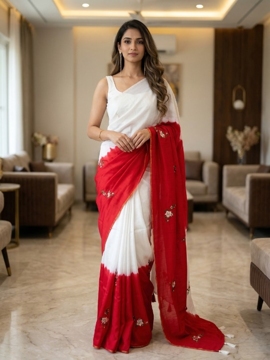 Hand Embroidery Upada Silk Saree with Red Floral Work