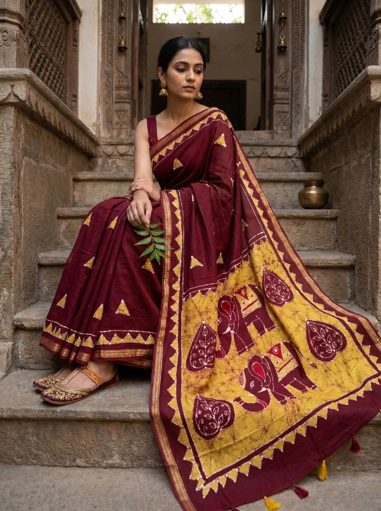Maroon Batik Print Chanderi Saree with Elephant Motif