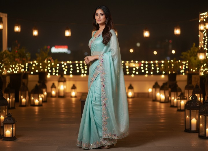Fancy Organza Saree in Pastel Blue with Embroidered Border